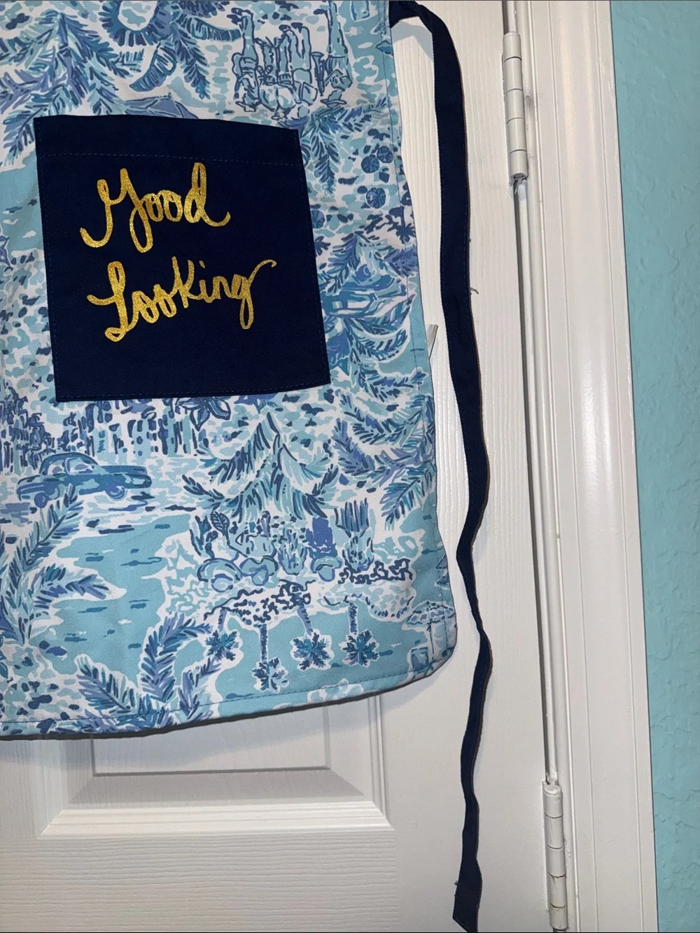 Lilly Pulitzer Light Blue Toile Apron with Navy Pockets and Gold Script